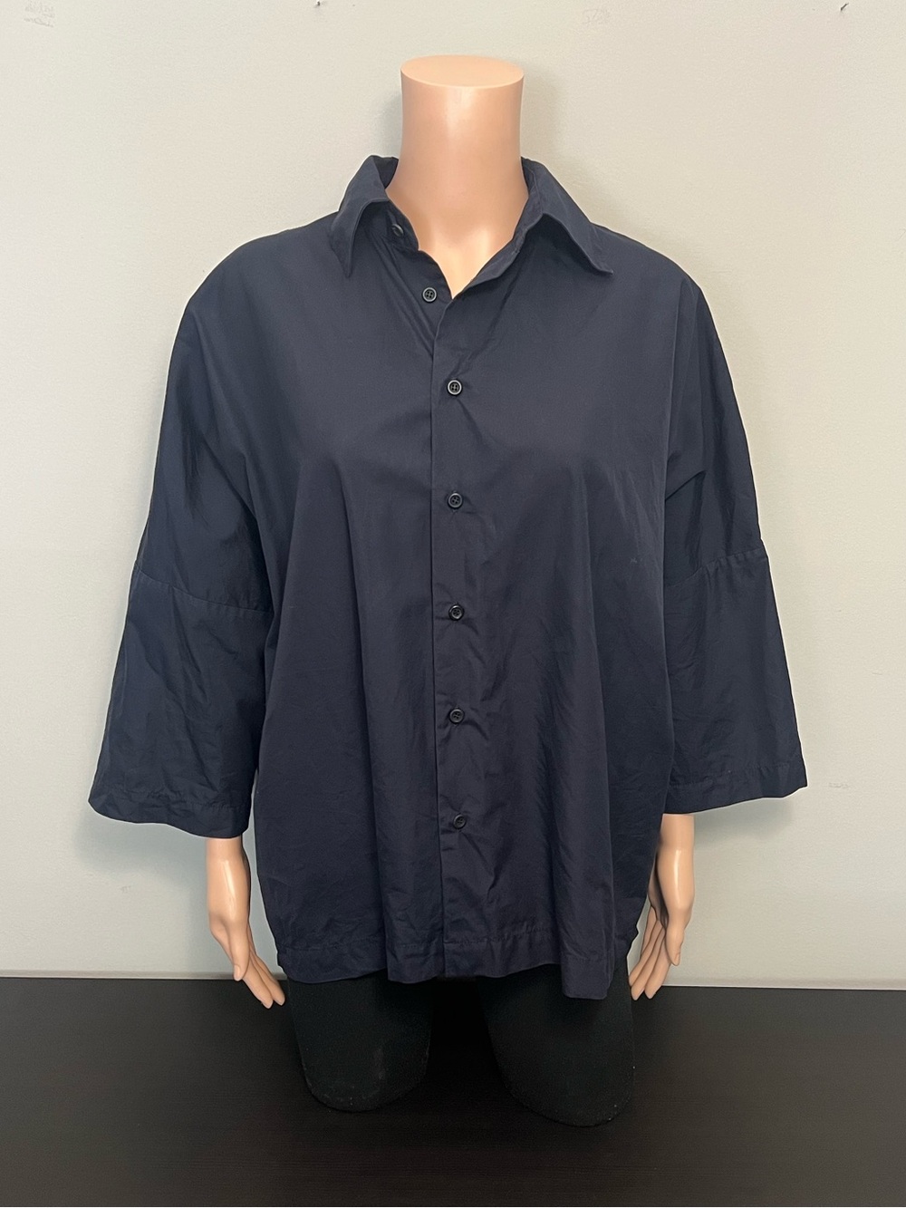 Eskandar Boxy Button Down Blouse Size 0 Navy Blue Cropped Poplin Cotton